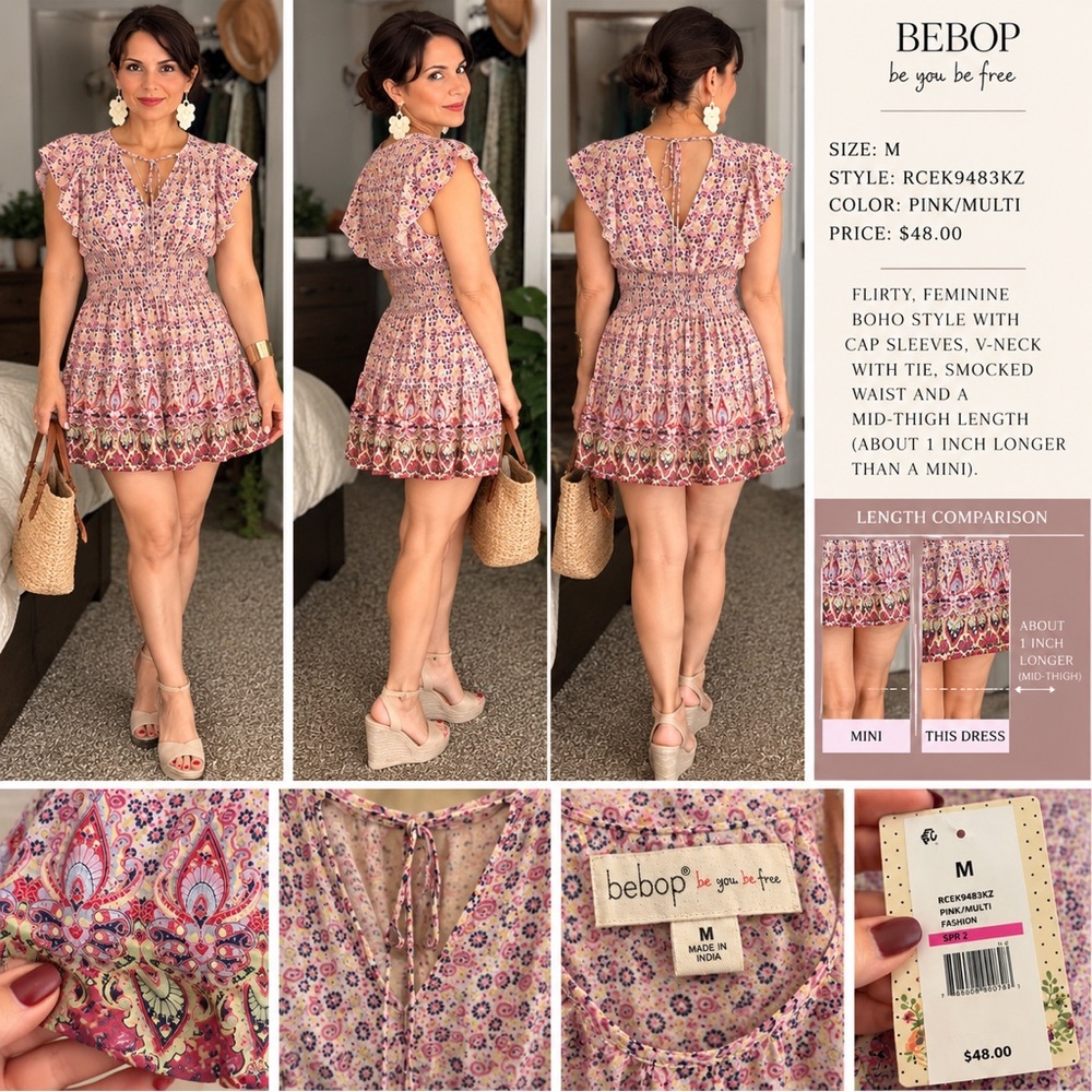 BEBOP Pink Multi Smocked-Waist V-Neck Mini Dress with Cap Sleeves